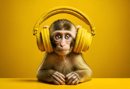 a monkey wearing yellow headphonesの素材