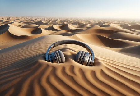 headphones lying on the vast sands of a desertの素材