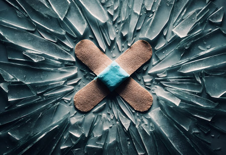 a medical adhesive bandage against a backdrop of shattered glassの素材