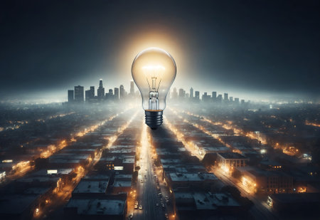 a colossal light bulb illuminating a darkened cityscape at nightの素材