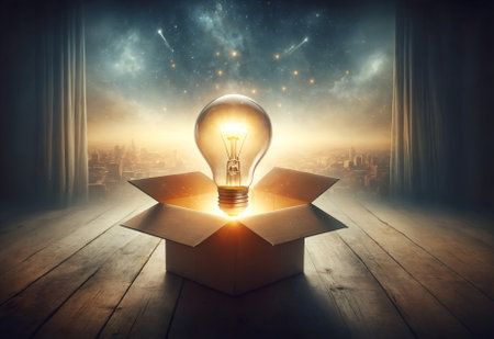 a glowing light bulb inside an open boxの素材