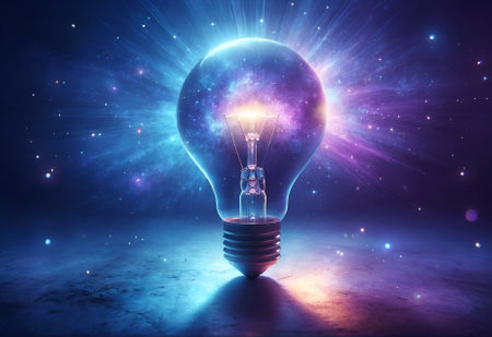a light bulb glowing with a mesmerizing mix of blue and purple lightの素材