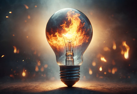a light bulb with a fire burning inside itの素材