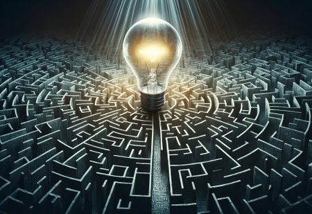 a light bulb positioned at the center of a complex mazeの素材