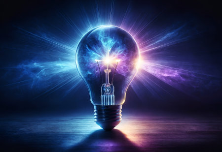 a light bulb glowing with a mesmerizing mix of blue and purple lightの素材