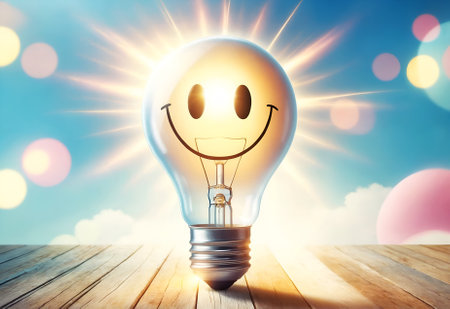 a light bulb designed to resemble a smiling smiley faceの素材
