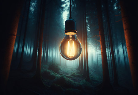 a light bulb illuminating the surroundings in the midst of a forestの素材