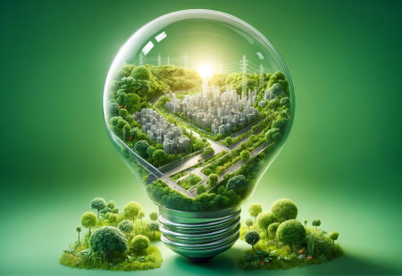 a light bulb containing a miniature city surrounded by lush greenery and plantsの素材