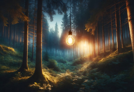 a light bulb illuminating the surroundings in the midst of a forestの素材