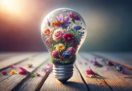 a light bulb filled with a beautiful collection of flowersの素材