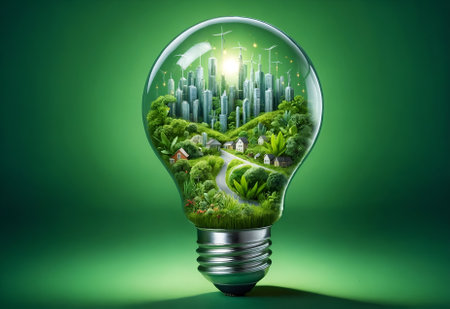 a light bulb containing a miniature city surrounded by lush greenery and plantsの素材