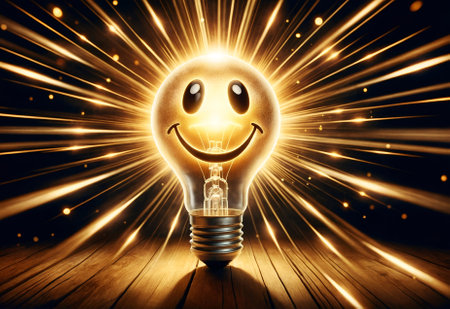 a light bulb designed to resemble a smiling smiley faceの素材