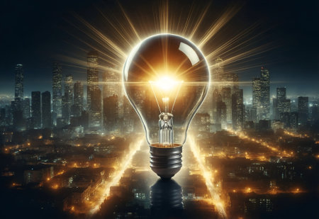 a colossal light bulb illuminating a darkened cityscape at nightの素材