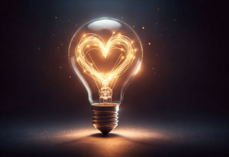 a light bulb with its filament glowing in the shape of a heartの素材