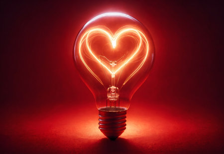 a light bulb with its filament glowing in the shape of a heartの素材