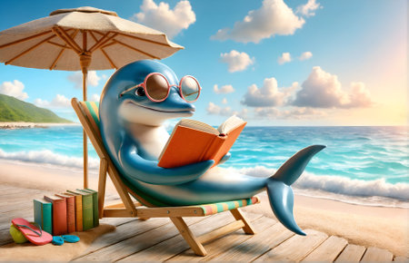 a dolphin character sitting on the sandy shore of a beach, engrossed in reading a bookの素材