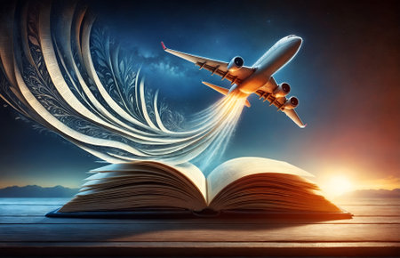 a plane taking off from the pages of an open bookの素材