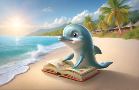 a dolphin character sitting on the sandy shore of a beach, engrossed in reading a bookの素材