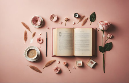 a top-down view of an open book next to a cup of coffeeの素材