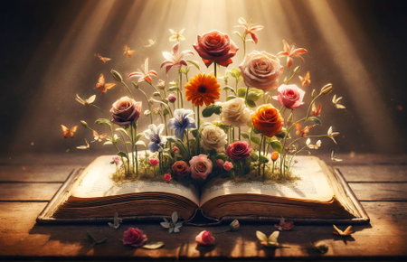 an open book with delicate flowers spread between its pagesの素材