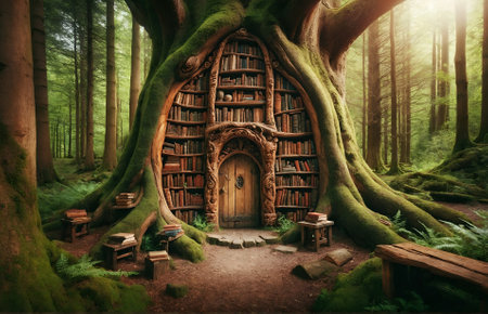a unique library carved directly into the trunk of a giant, ancient treeの素材