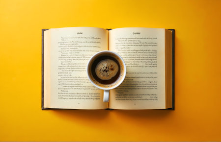 a top-down view of an open book next to a cup of coffeeの素材