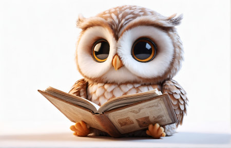 an owl character reading a bookの素材