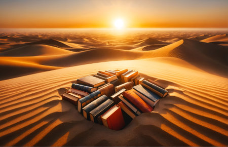 a vast desert landscape with books scattered among its sandsの素材