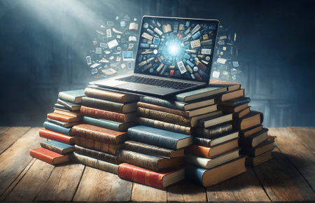 a modern laptop resting on a stack of booksの素材