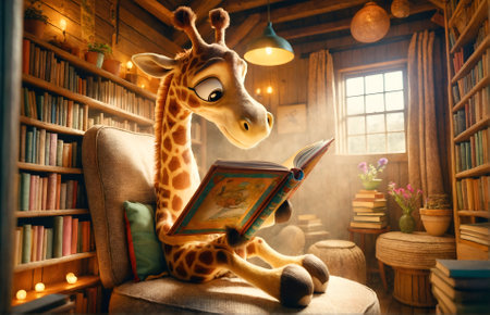 a giraffe character reading a bookの素材