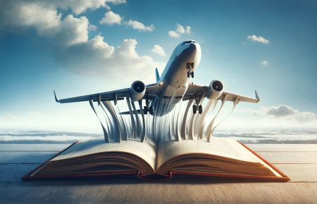 a plane taking off from the pages of an open bookの素材