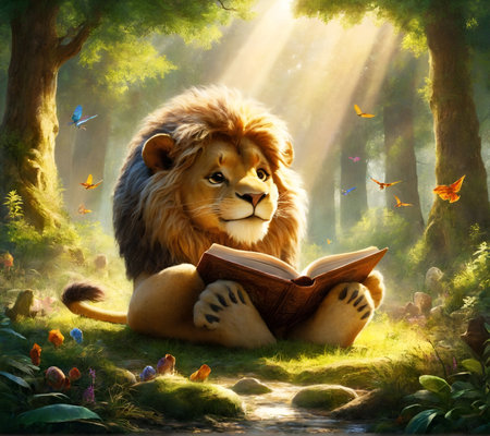 a lion character reading a bookの素材