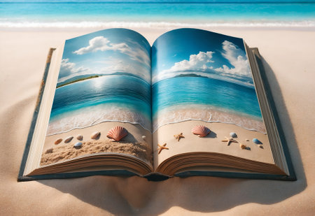 an open book with pages that vividly depict a serene beach sceneの素材