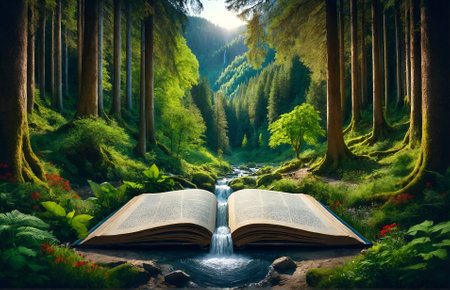 an open book from which a waterfall flows into a riverの素材