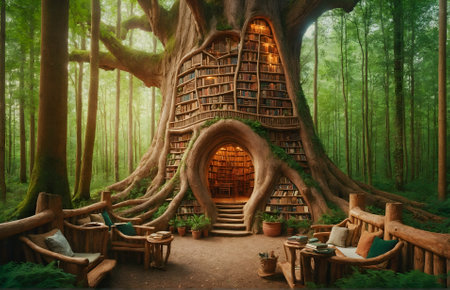 a unique library carved directly into the trunk of a giant, ancient treeの素材
