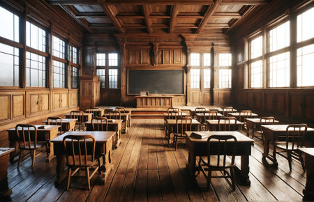 an empty classroom with a wooden styleの素材