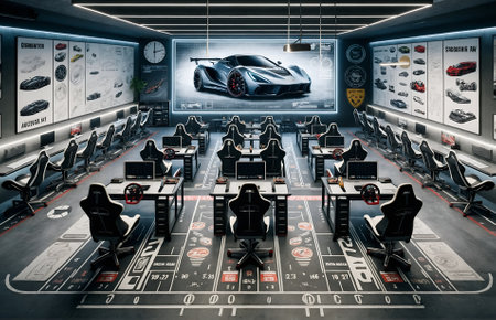 an empty classroom with a race track themeの素材