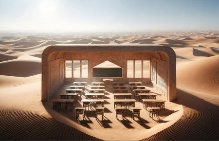 a classroom set in the middle of the desertの素材