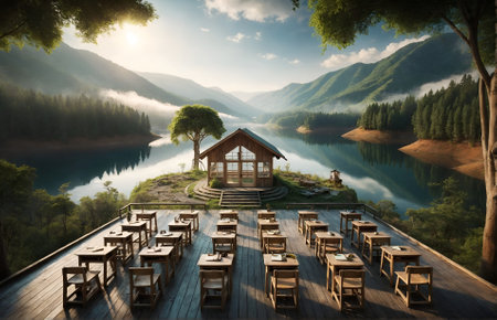 a classroom amidst stunning natural sceneryの素材