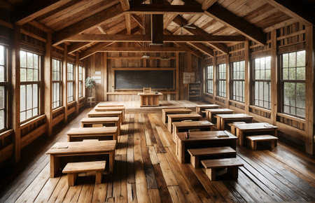 an empty classroom with a wooden styleの素材