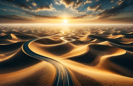 a solitary road winding through the vast sands of the desertの素材