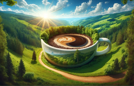 a path winding through lush nature, creatively passing through the center of an oversized coffee cupの素材