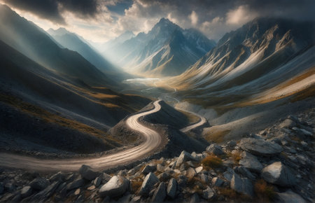 a meandering rocky road slicing through a series of majestic mountainsの素材