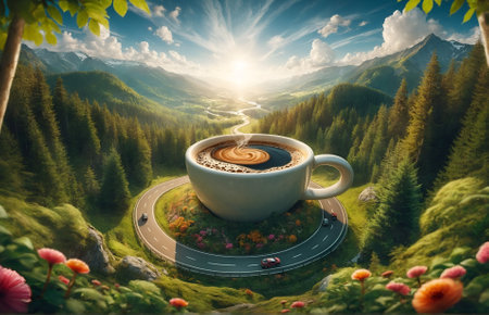 a path winding through lush nature, creatively passing through the center of an oversized coffee cupの素材
