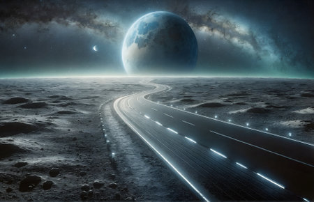 a paved road on the moon's surfaceの素材