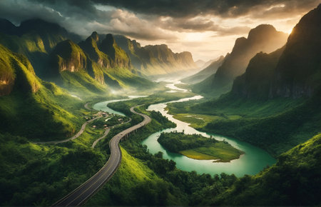 a road meandering between lush green rivers and towering mountainsの素材