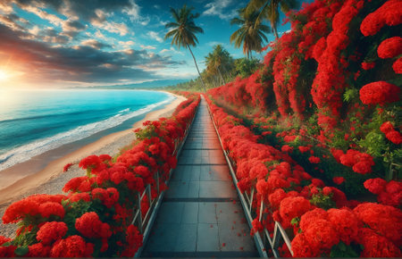 a coastal road adorned with vibrant red flowersの素材