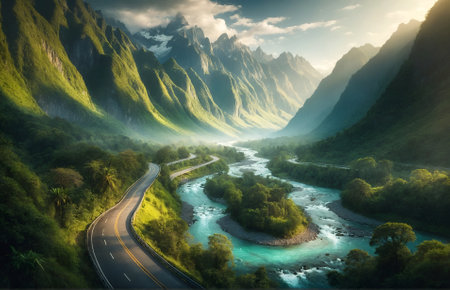 a road meandering between lush green rivers and towering mountainsの素材