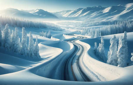 a road slicing through a pristine snow-covered landscapeの素材