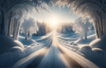 a road slicing through a pristine snow-covered landscapeの素材